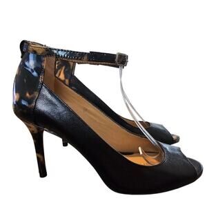 Ann Taylor Viola Heels Womens Size 6 Black Leather Tortoise Ankle Strap Glam